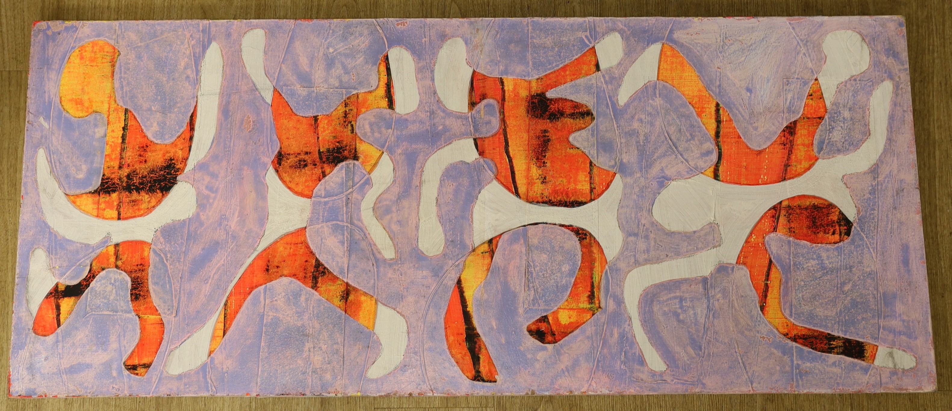 Tom Scase, oil on canvas, 'Catwalk 2014', London Group Exhibition label verso, 58 x 137cm